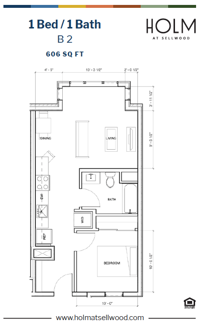 Floor plan for 1 bed, 1 bath, 606 sqft